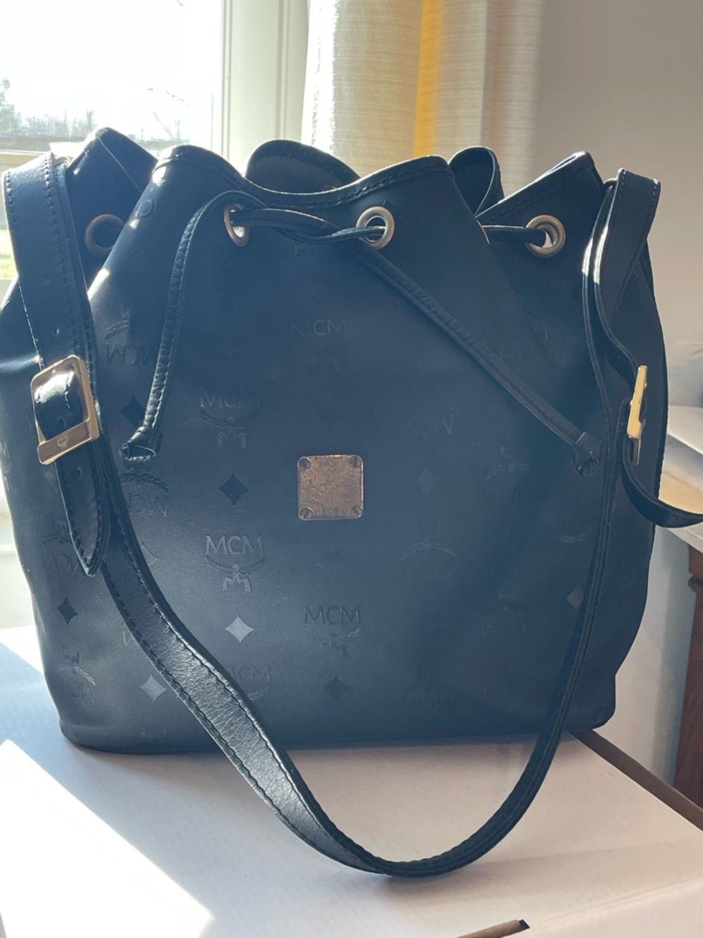 MCM Monogram & Visetos Bucket Bag Nylon & Leather Vintage Black Made in Germany - Picture 3 of 16